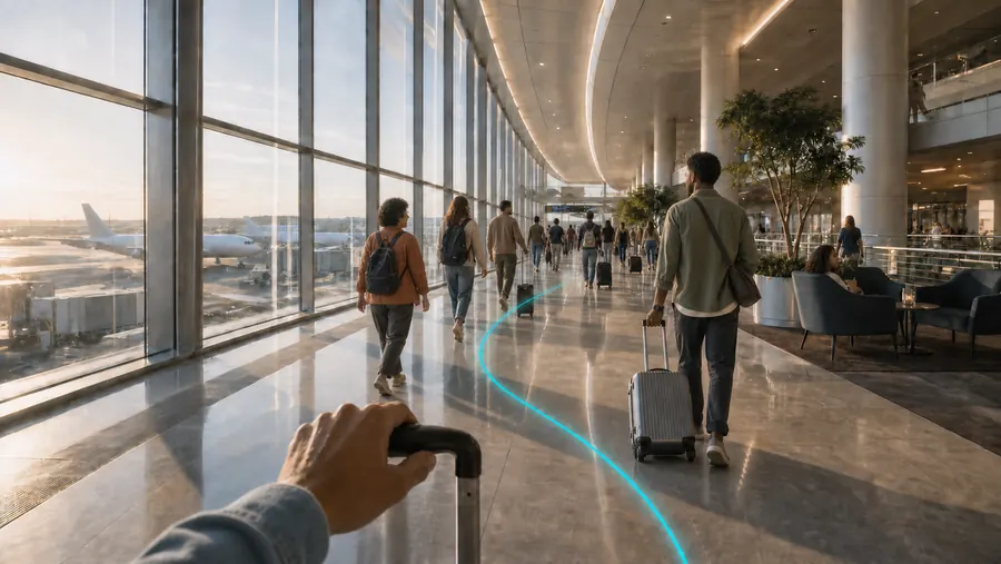 Travellers walking a bright airport terminal, the journey line running ahead of them