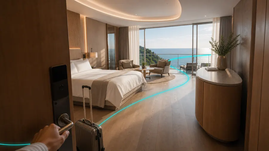 A hotel-room door opening on arrival, the journey line leading to the made-up bed