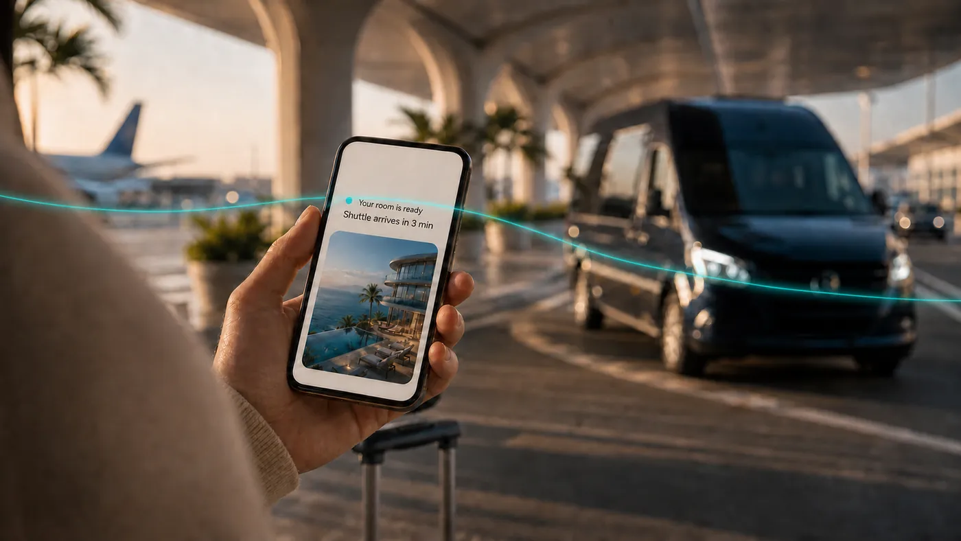 A traveller's phone at the airport kerb showing the room is ready and the shuttle arriving, with the shuttle pulling up behind