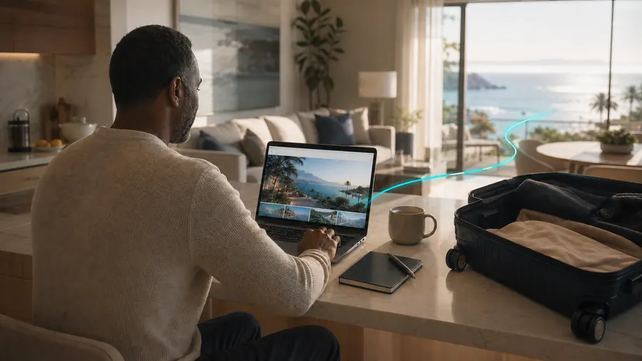 A guest planning a trip on a laptop beside a packed suitcase, the journey line starting at his screen